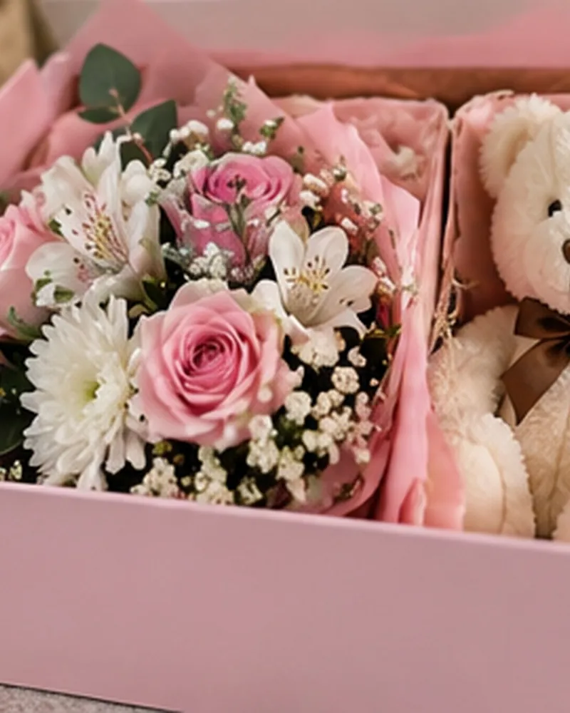 Caja de flores y regalo