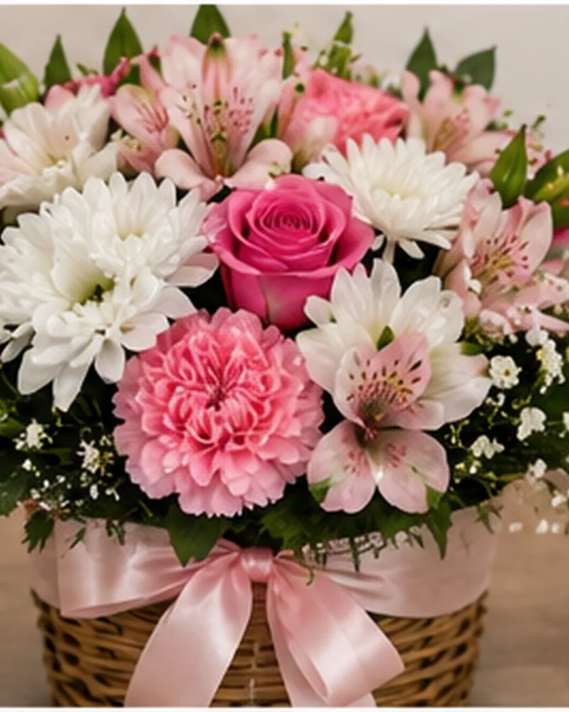 Canasta floral rosa y blanca