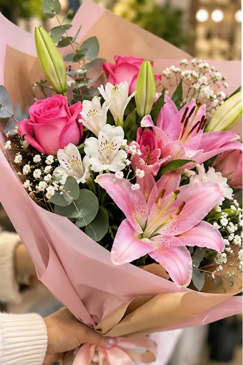 Ramo de flores rosadas y blancas